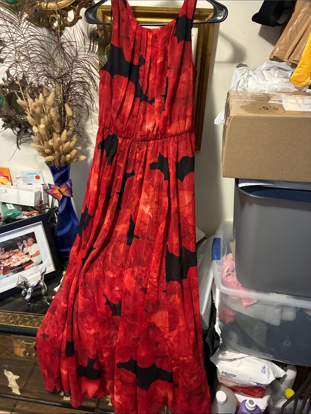 Enfocus Studio Red and Black Maxi Dress with Floral Motif